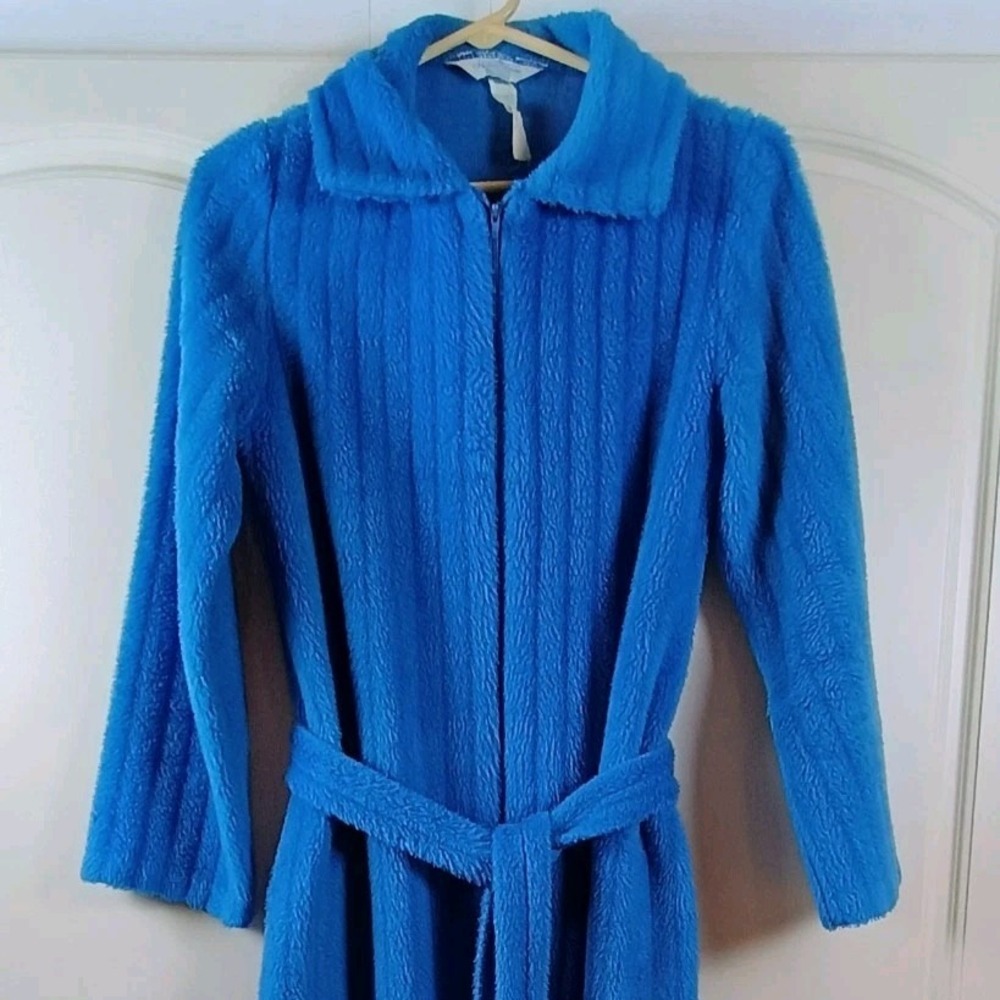 Vintage 60s Sears At Home Wear Chenille Robe Blue Plush Zip Up Small 8 10 USA